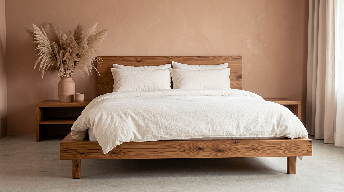 Organic modern bedroom with upholstered bed, linen bedding, walnut nightstands, and woven pendant light