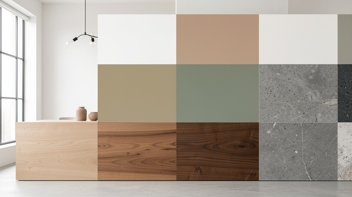 Organic modern color palette showing warm white, sand, terracotta, olive green, charcoal, and walnut
