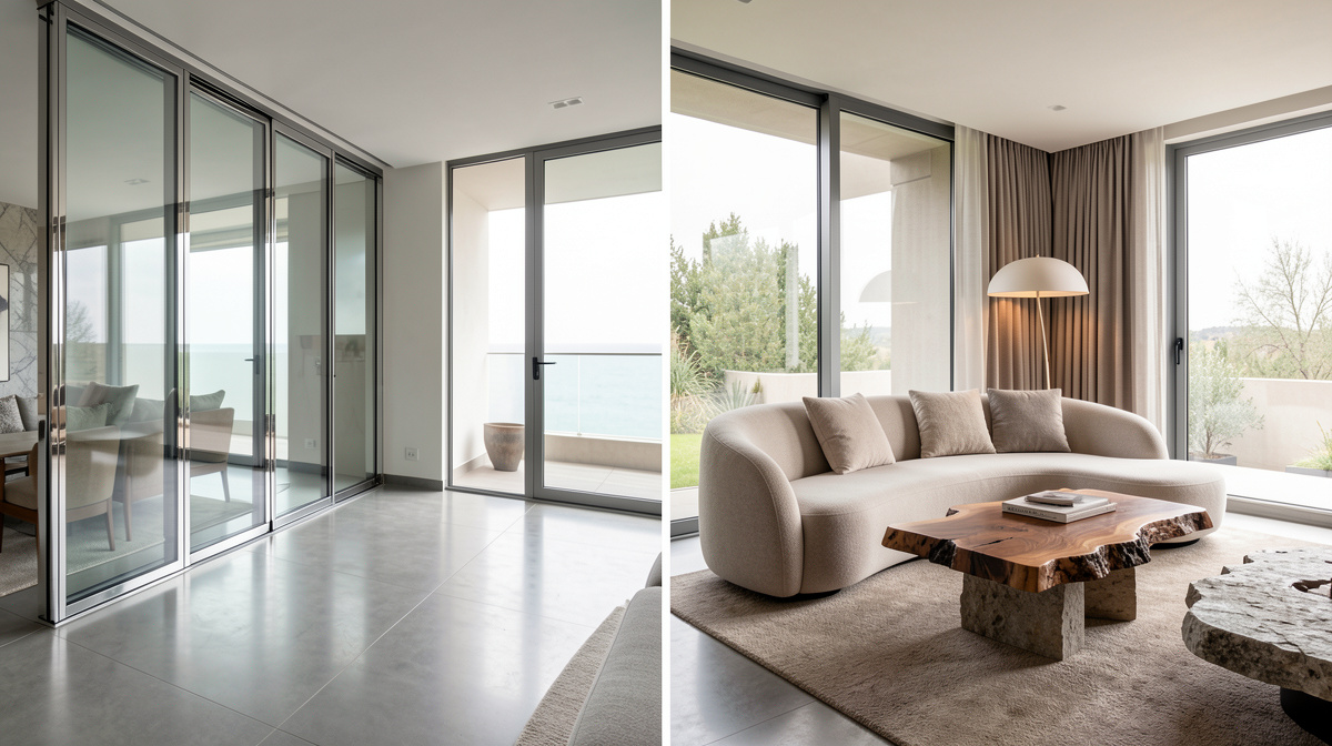 Side-by-side comparison of a standard modern room and an organic modern room showing material differences