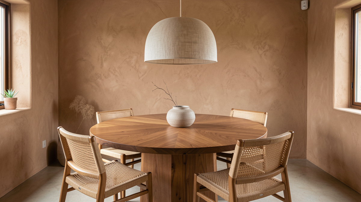 Organic modern dining room with solid wood table, upholstered chairs, and sculptural pendant light