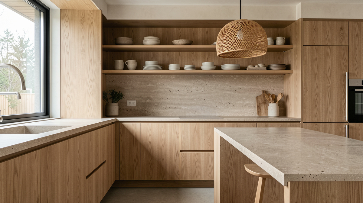 Organic modern kitchen with white oak cabinets, quartzite counters, unlacquered brass hardware