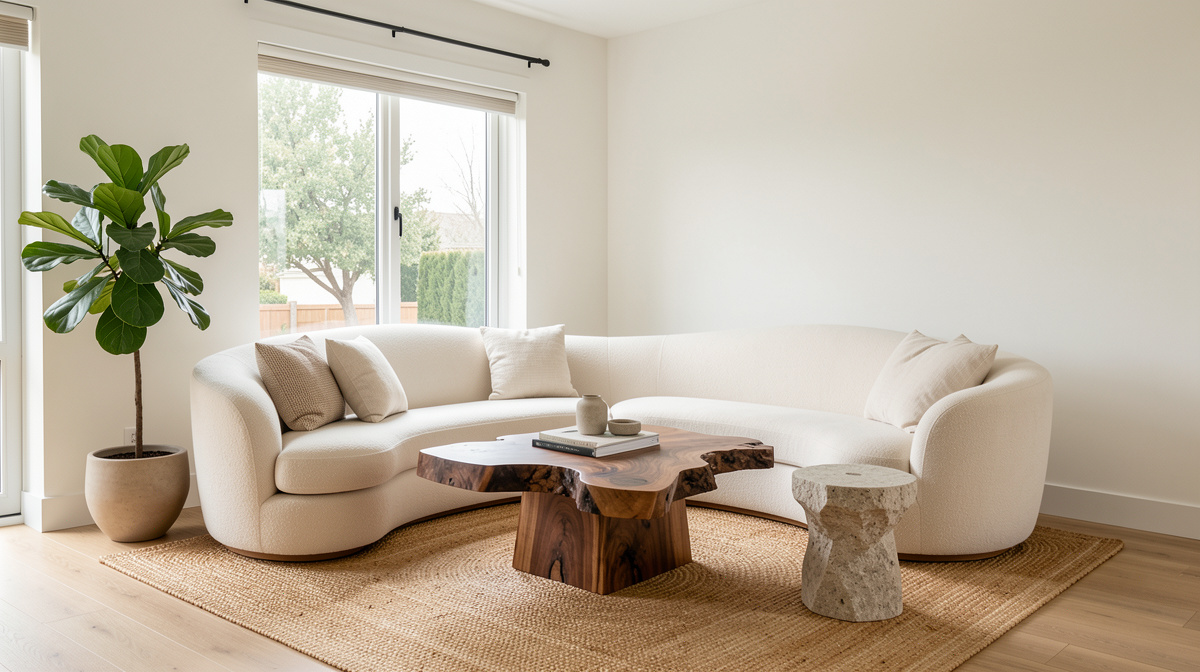 Organic modern living room with linen sofa, live-edge coffee table, jute rug, and ceramic vases
