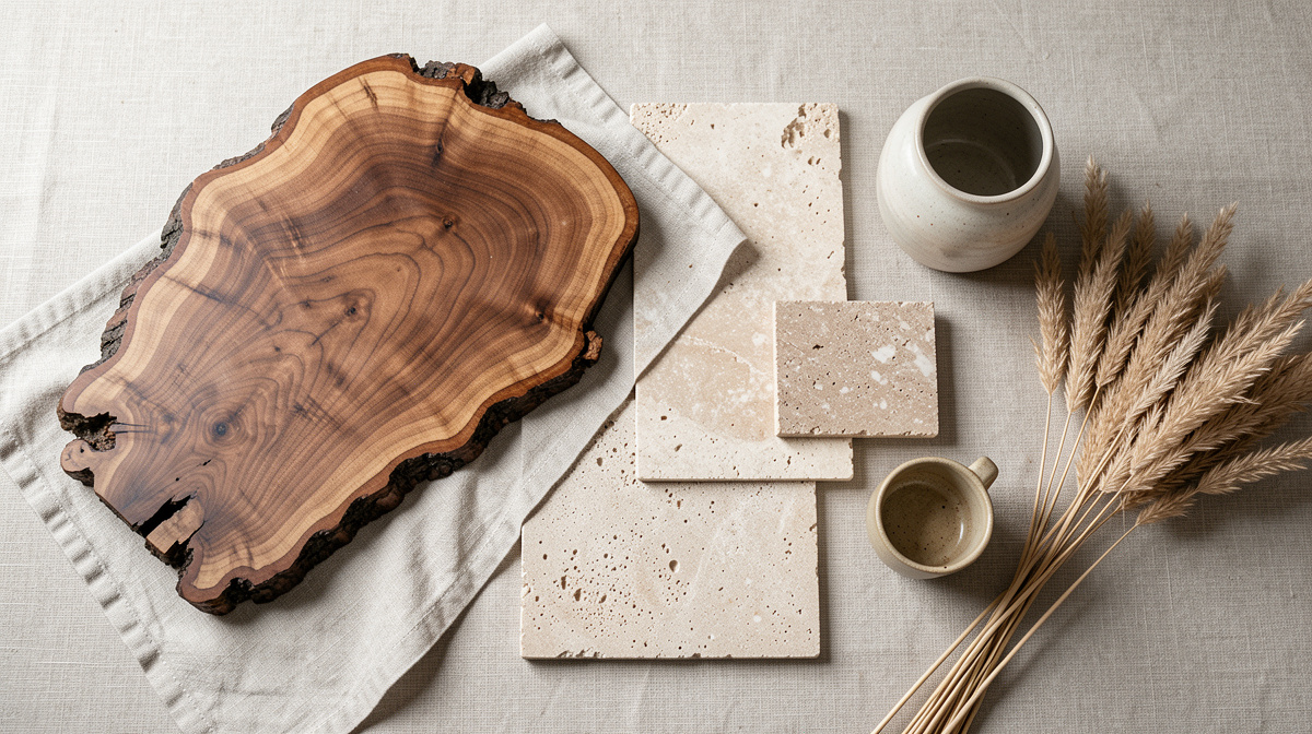 Close-up of organic modern materials — walnut wood, linen fabric, natural stone, rattan, and handmade ceramics