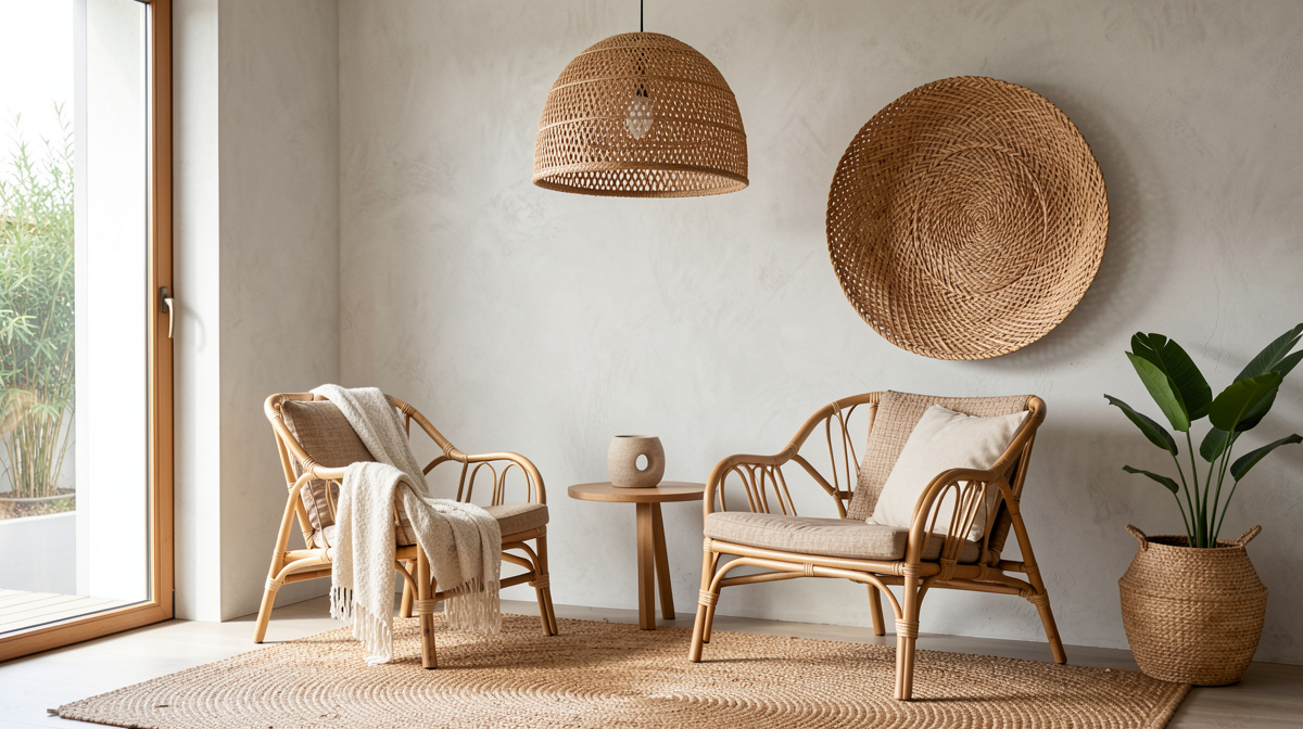 Organic modern entryway with rattan pendant light, jute rug, and woven wall basket