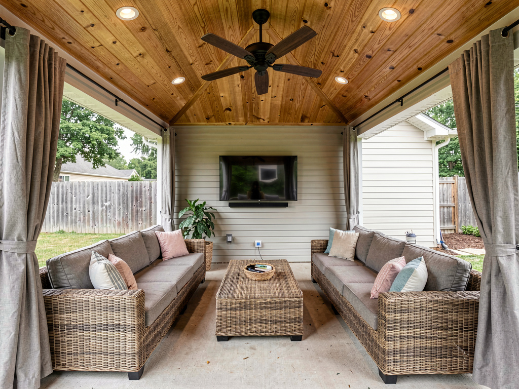 Covered patio with ceiling fan, outdoor sofas, TV mount and all-weather curtains