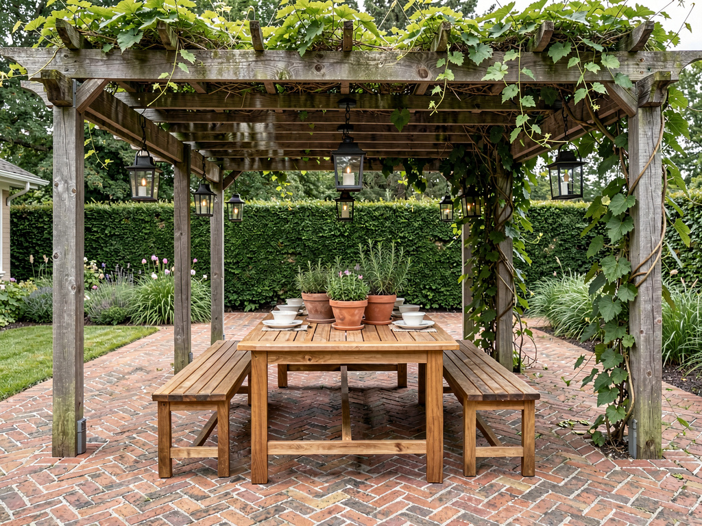 Outdoor dining area with long wooden table, benches, pergola overhead and hanging lanterns
