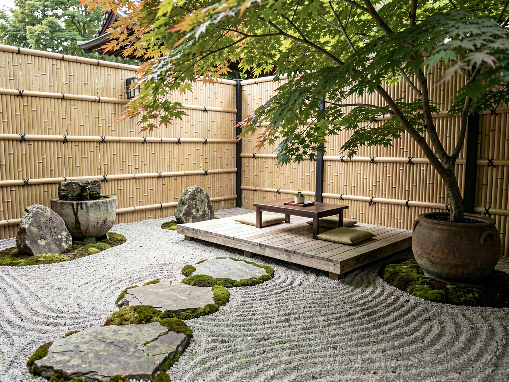 Zen garden patio with gravel ground, stepping stones, low wooden platform and bamboo screening
