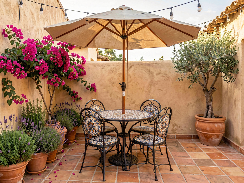 Mediterranean-style patio with terracotta tiles, wrought iron furniture, olive trees and bougainvillea