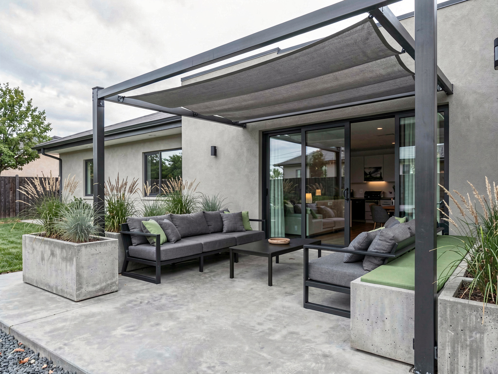 Modern patio with polished concrete surface, steel frame furniture, concrete planters and clean lines