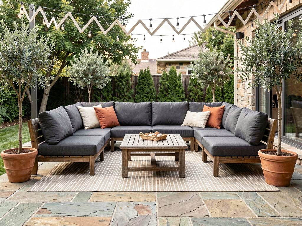 Outdoor patio arranged as a living room with sectional sofa, coffee table, rug and string lights