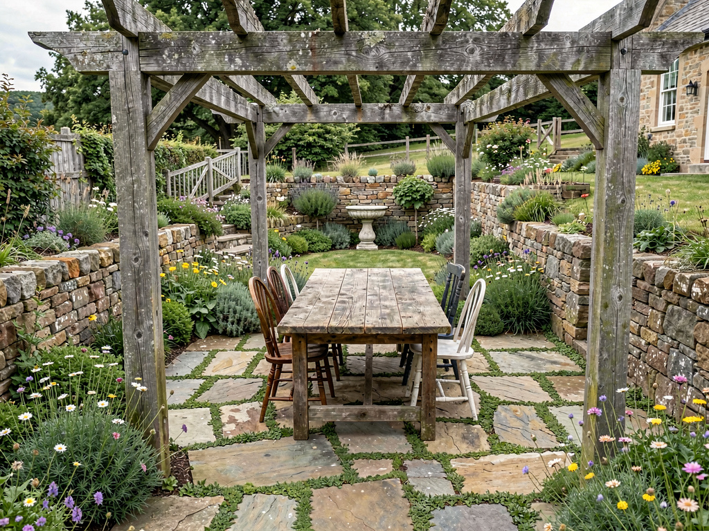 Natural stone patio with irregular flagstone, wooden pergola, fieldstone walls and wildflower borders