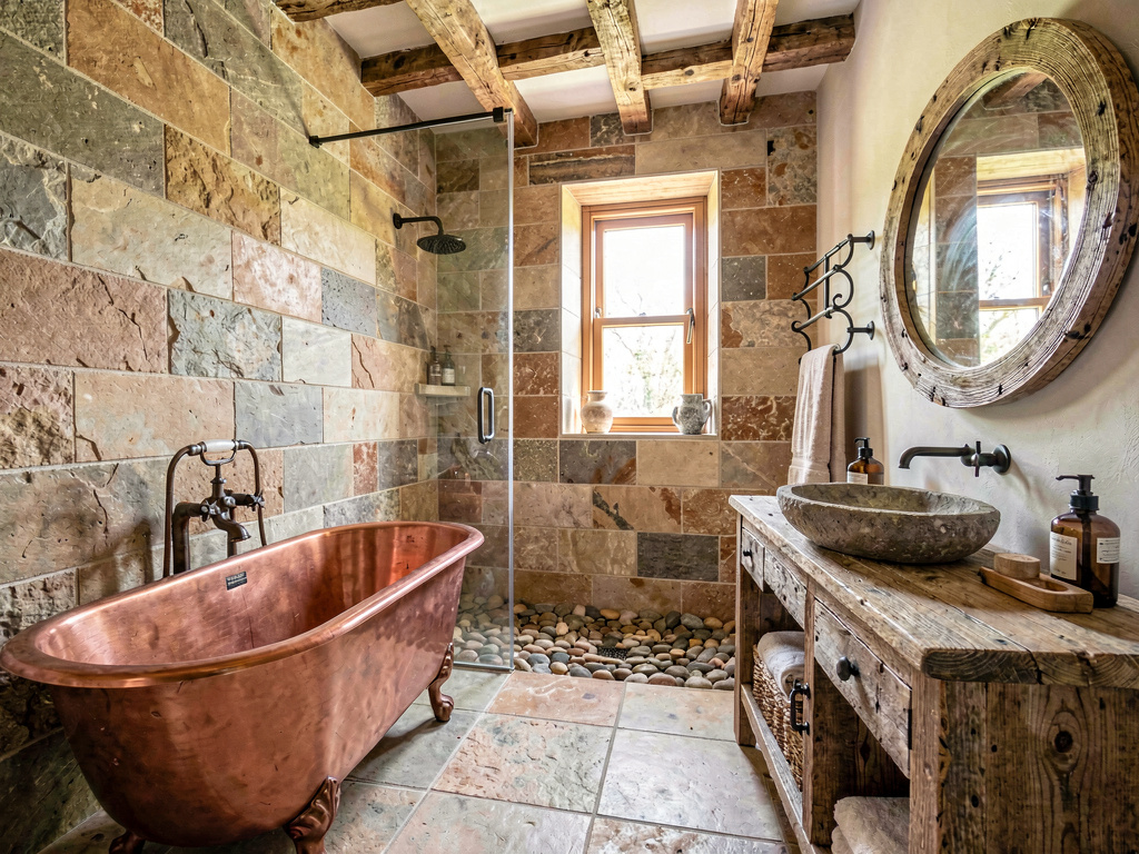 Rustic bathroom with copper bathtub, stone tile and reclaimed wood vanity