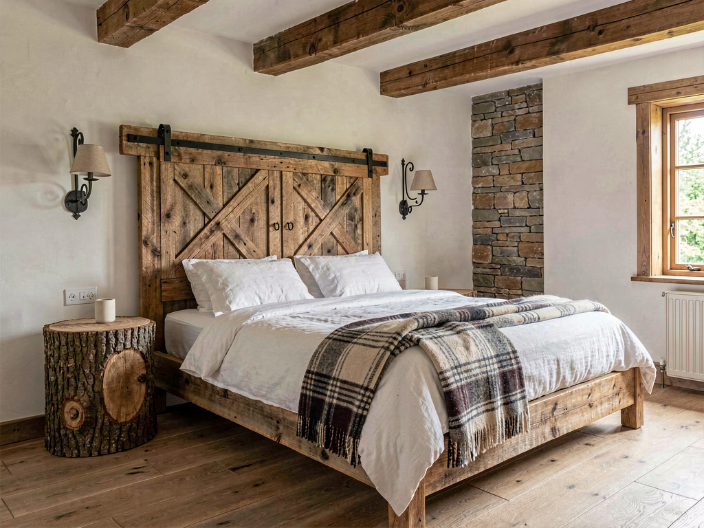 Rustic bedroom with reclaimed wood headboard, white linen bedding and stone accent wall