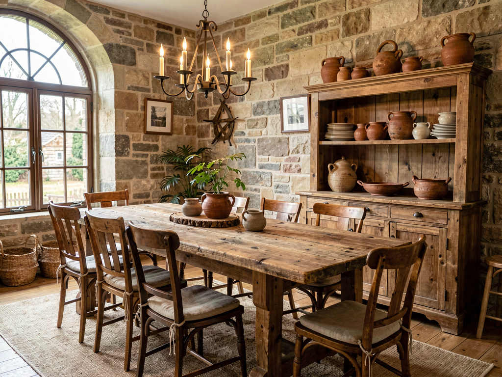 Rustic dining room with long harvest table, wrought iron chandelier and stone wall