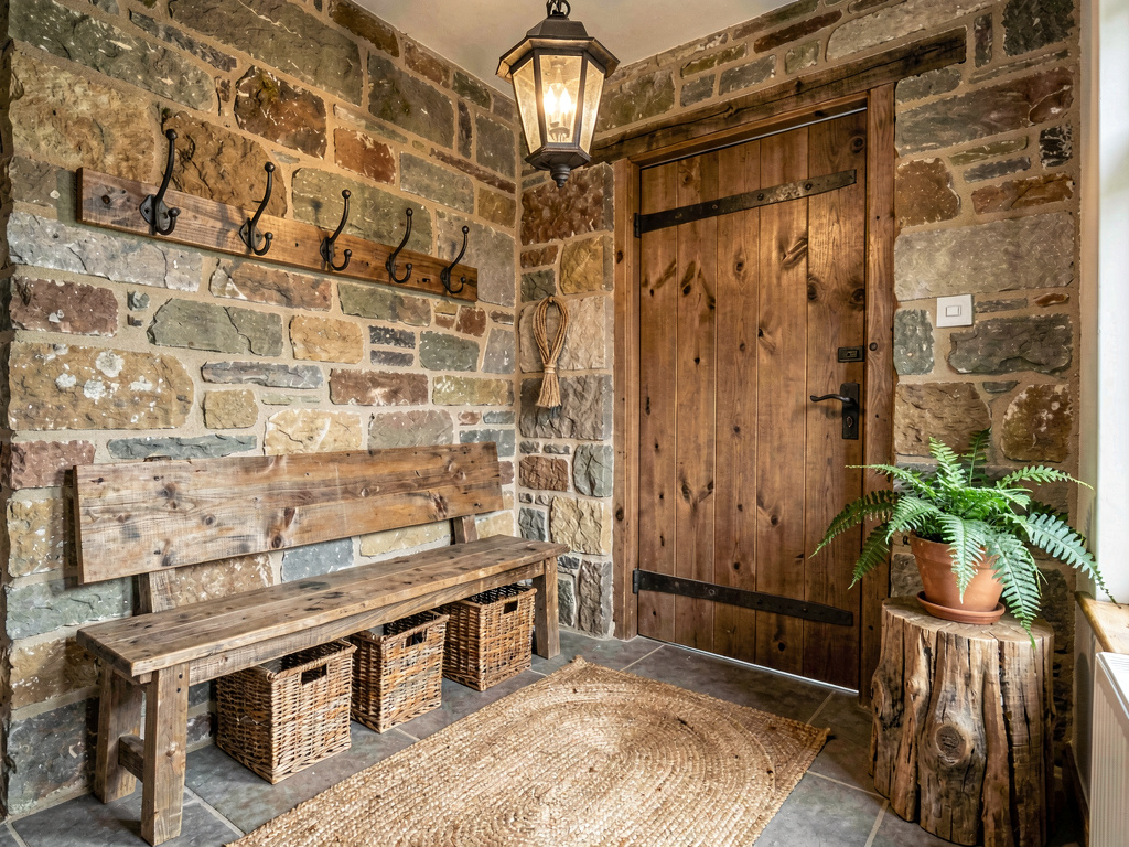 Rustic entryway with reclaimed wood bench, stone wall and wrought iron coat hooks