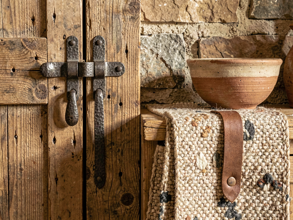 Close-up of rustic interior design materials — reclaimed wood, stone, iron hardware and wool textile