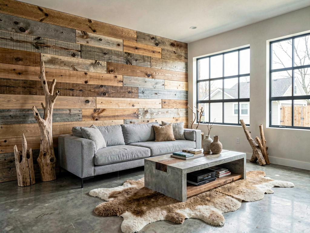 Modern rustic living room with reclaimed wood accent wall, clean-lined sofa and concrete floor