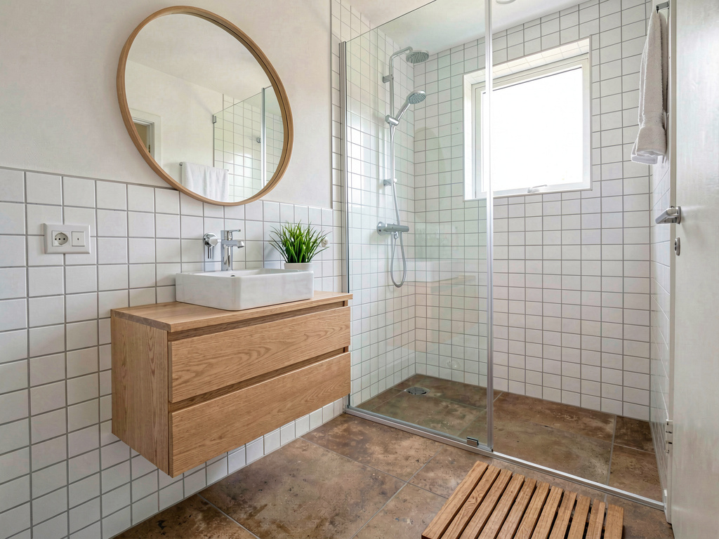 Scandinavian bathroom with white walls, light wood vanity, round mirror and simple fixtures