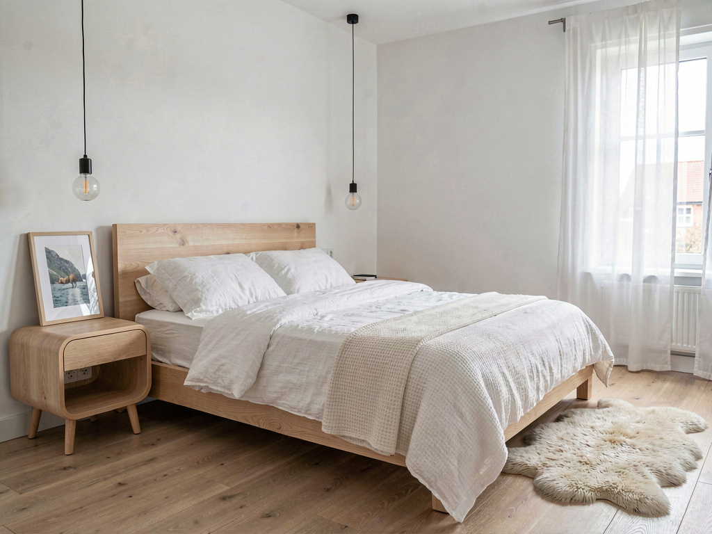 Scandinavian bedroom with white linen bedding, light wood nightstands and pendant light