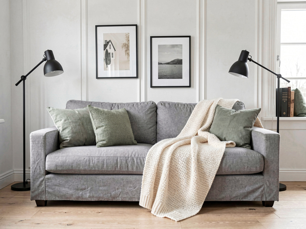 Scandinavian interior color palette with white walls, warm wood tones, soft gray textiles and muted sage accents