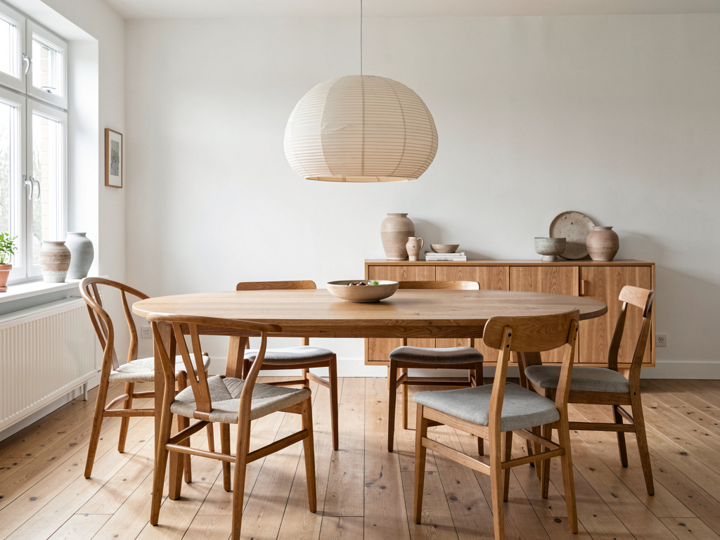 Scandinavian dining area with oak table, mixed wooden chairs and a simple pendant light