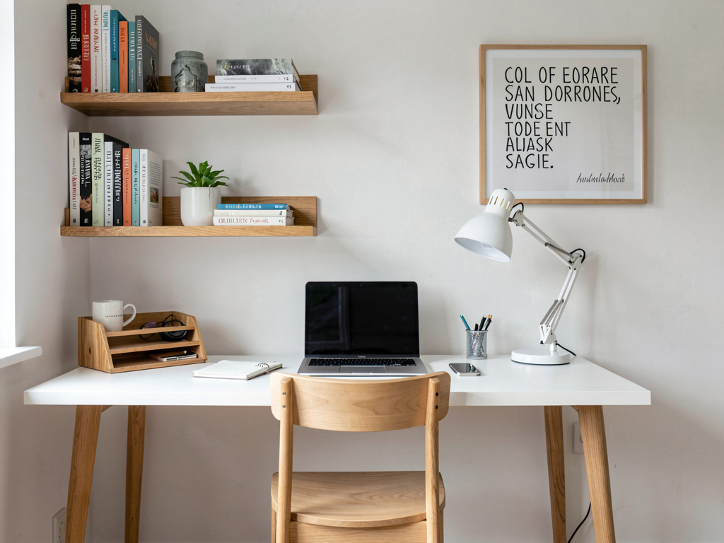 Scandinavian home office with white desk, oak shelving, task lamp and minimal desk accessories