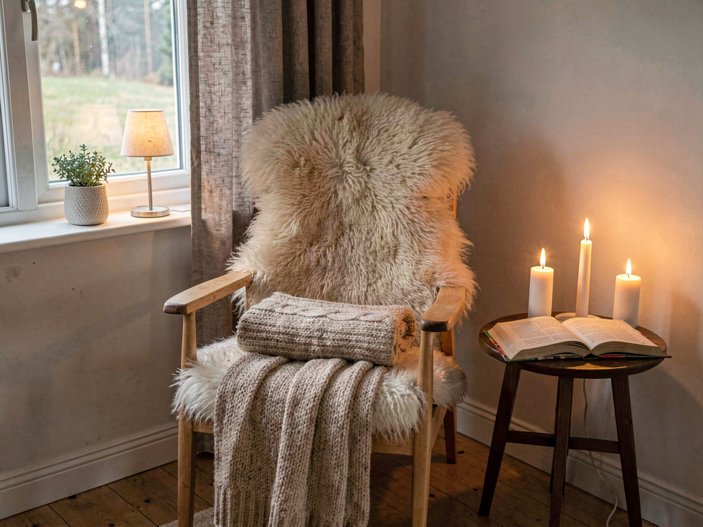 Cozy Scandinavian corner with sheepskin on a chair, candles, warm knit blanket and a book
