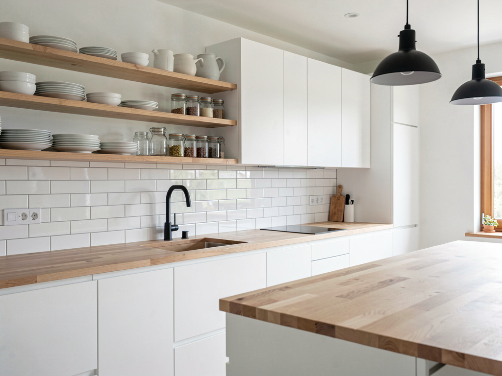 Scandinavian kitchen with white cabinets, light wood countertops, open shelving and minimal hardware