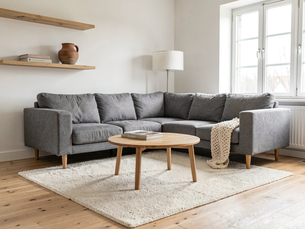 Scandinavian living room with light oak floors, white walls, gray linen sofa and wool textiles