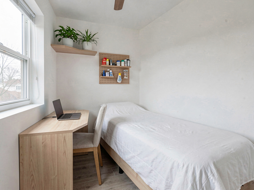 Small bedroom ideas compact corner desk by window with twin bed on opposite wall