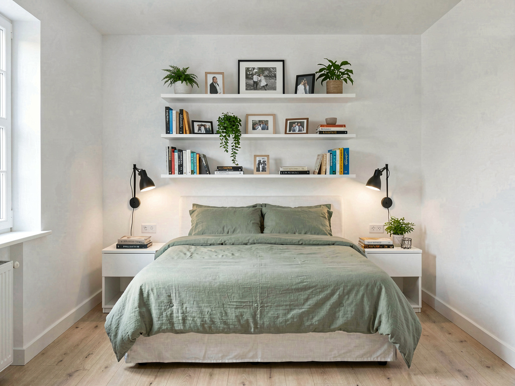 Small bedroom ideas floating shelves above the bed with wall-mounted reading lamps