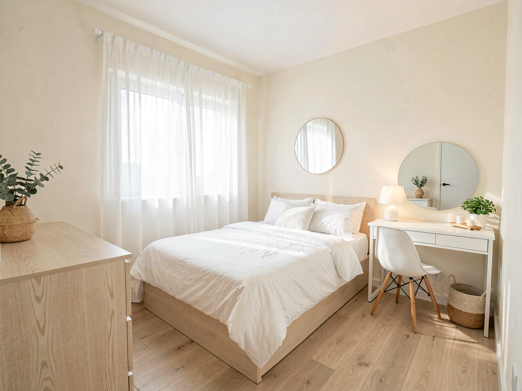 Small bedroom ideas tiny bedroom painted in cream white with light blonde wood furniture