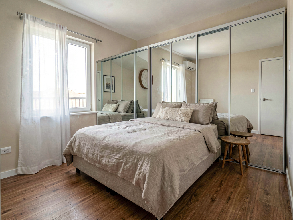 Small bedroom ideas mirrored wardrobe doors reflecting the window and doubling perceived room size