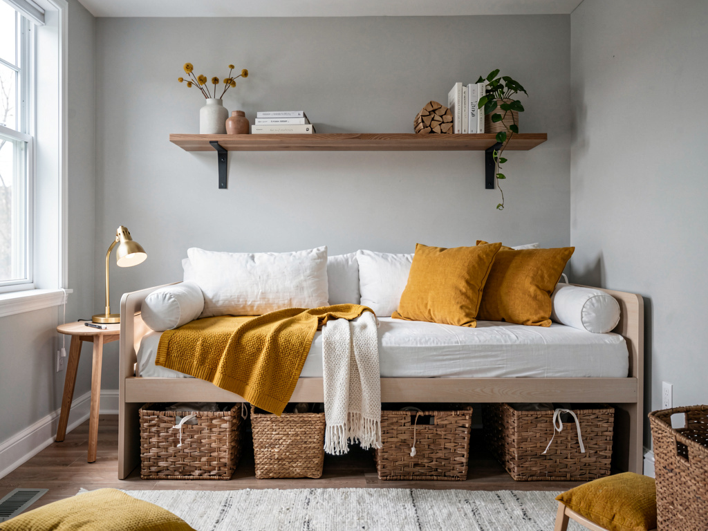 Small bedroom ideas modern daybed with trundle styled as a sofa during daytime