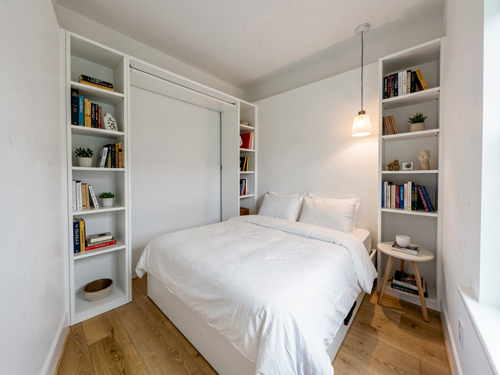 Small bedroom ideas Murphy bed folded down with built-in shelving on both sides