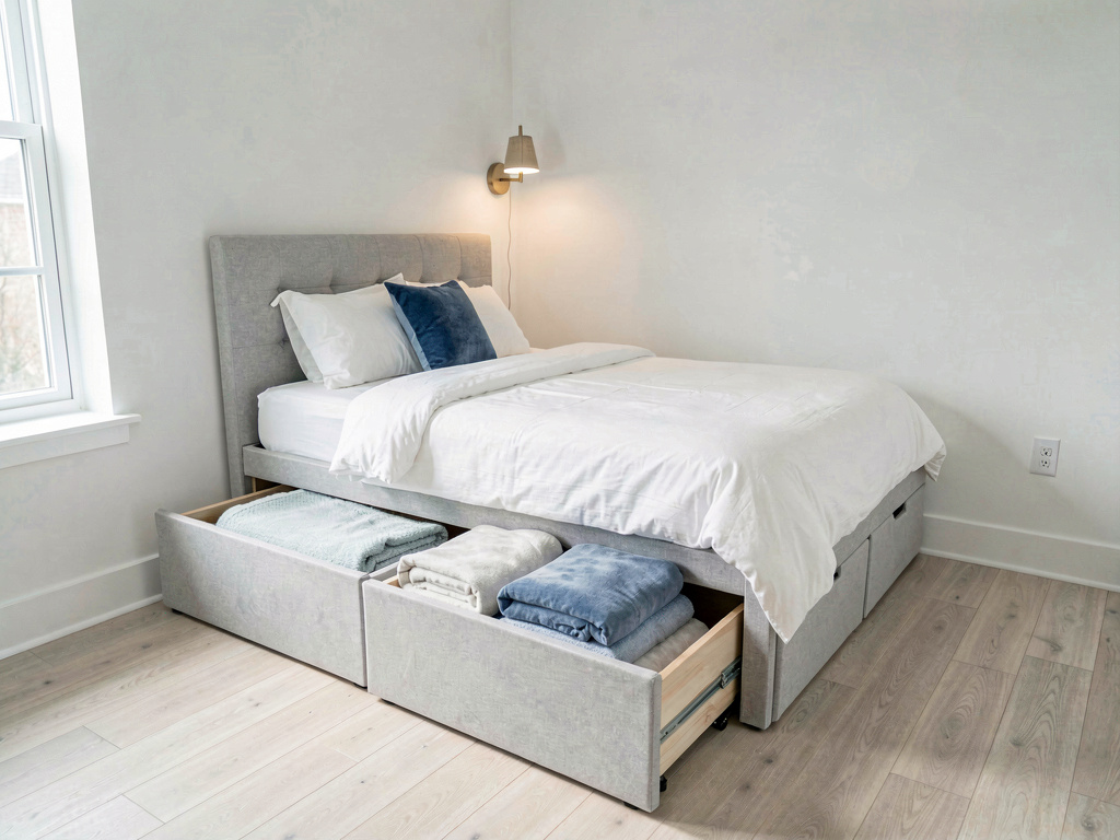 Small bedroom ideas platform bed with pull-out storage drawers built into the base