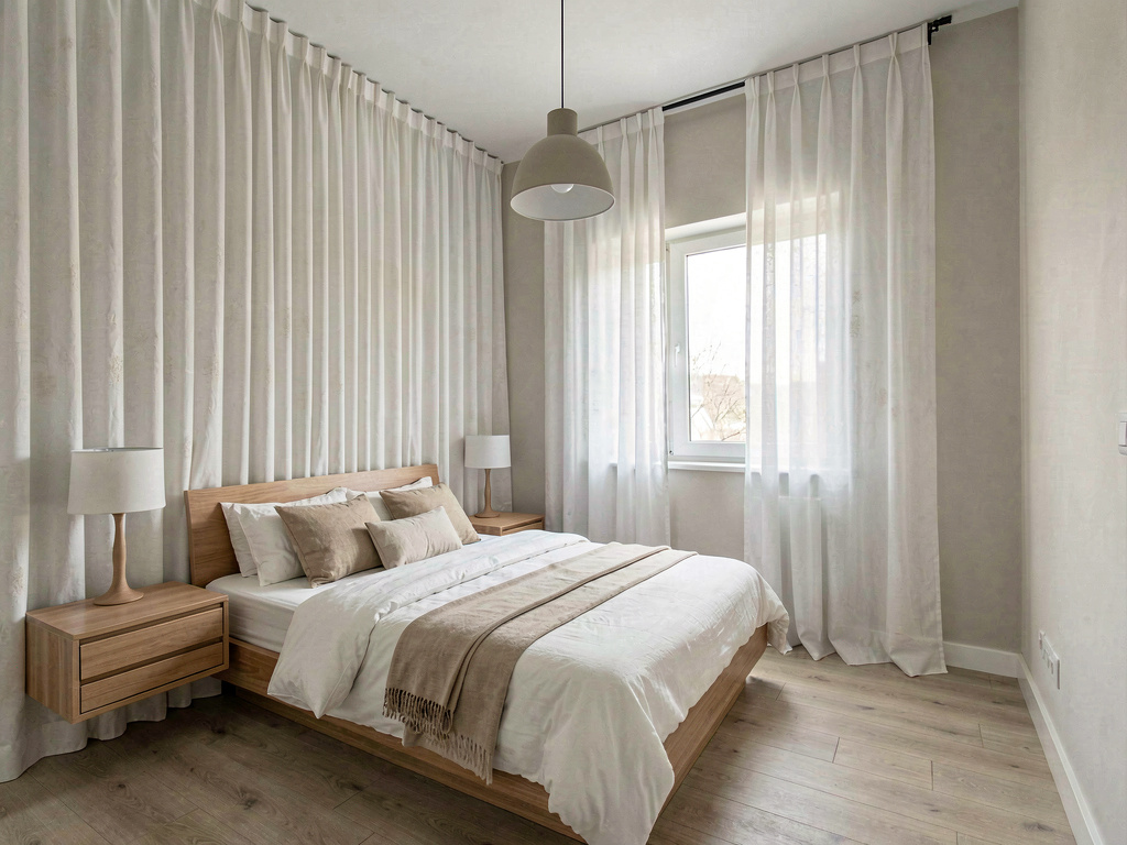 Small bedroom ideas bedroom with ceiling-height curtains making the room feel taller