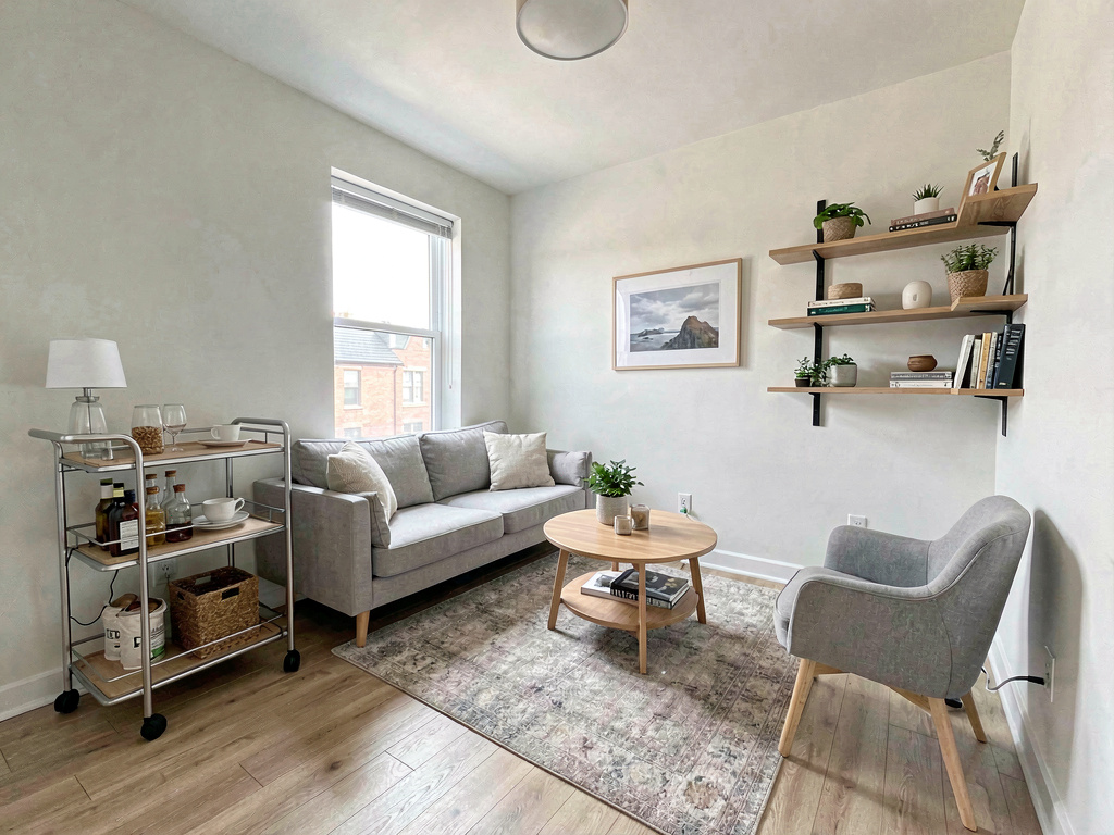 Small apartment living room with perpendicular loveseat and clear traffic flow