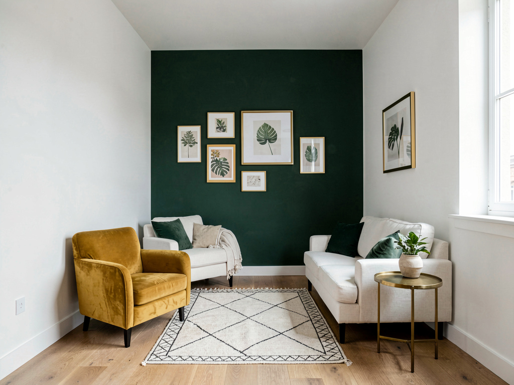 Small living room with deep forest green accent wall and mustard yellow chair