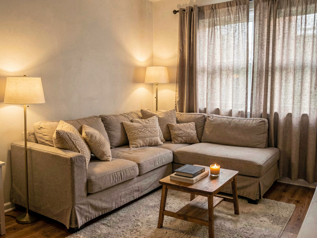 Small but cozy living room with corner sectional, textured pillows and warm lamps