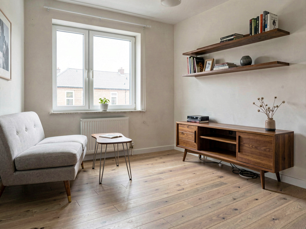 Small living room with mid-century furniture on tapered legs showing floor space beneath