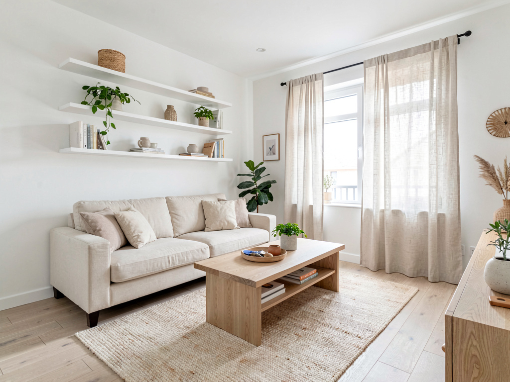 Small living room in all-white and cream palette with light wood furniture