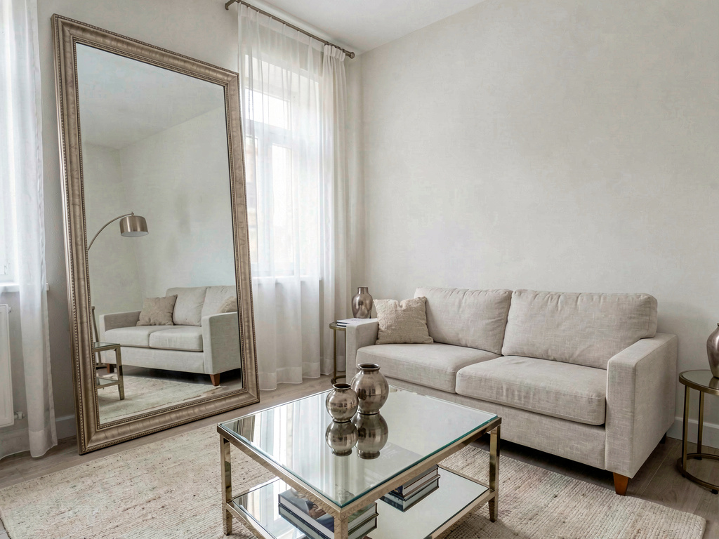 Small living room with large floor-to-ceiling mirror and light-colored furniture