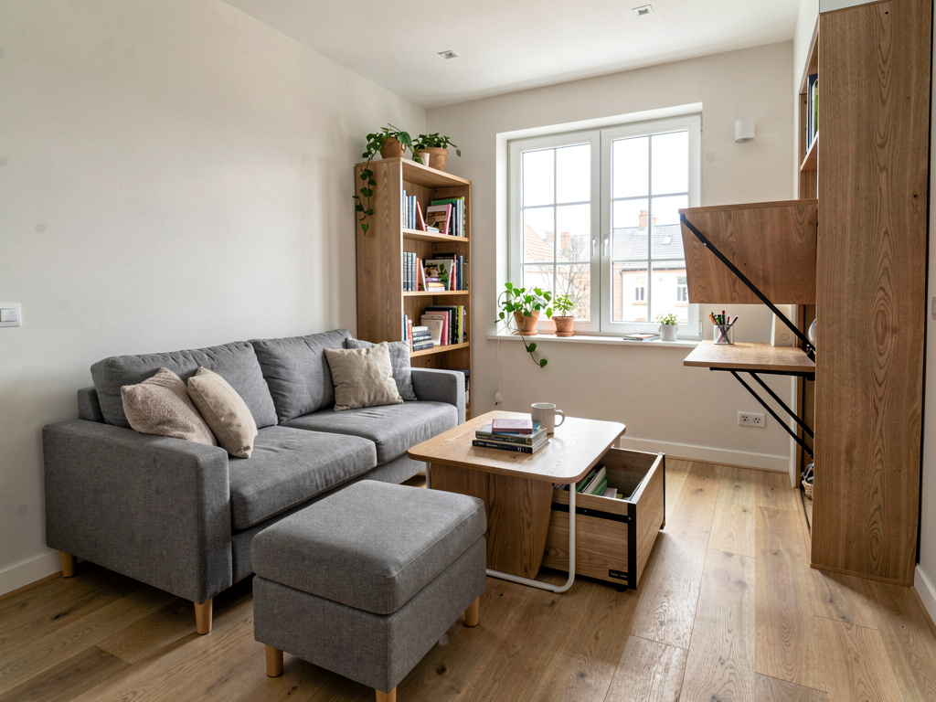 Small living room with sofa bed, storage ottoman and nesting coffee tables