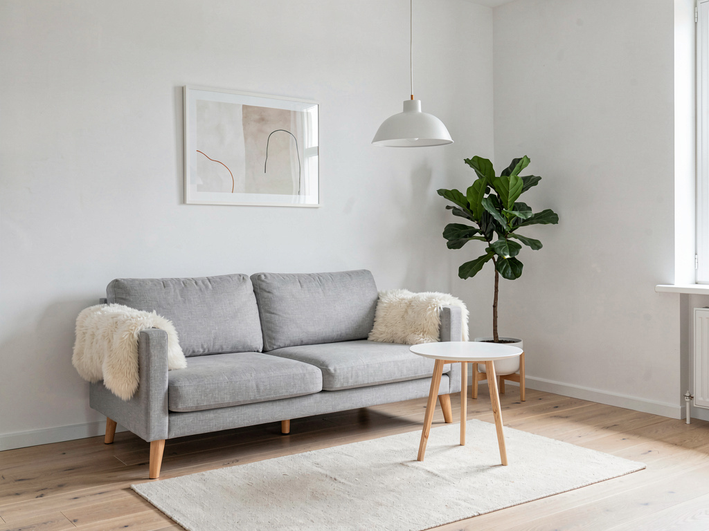 Small Scandinavian living room with compact sofa, pendant light and fiddle-leaf fig