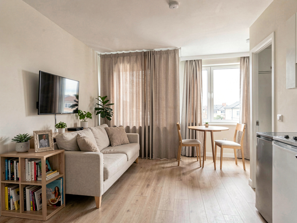 Studio apartment with bookshelf room divider and compact living area