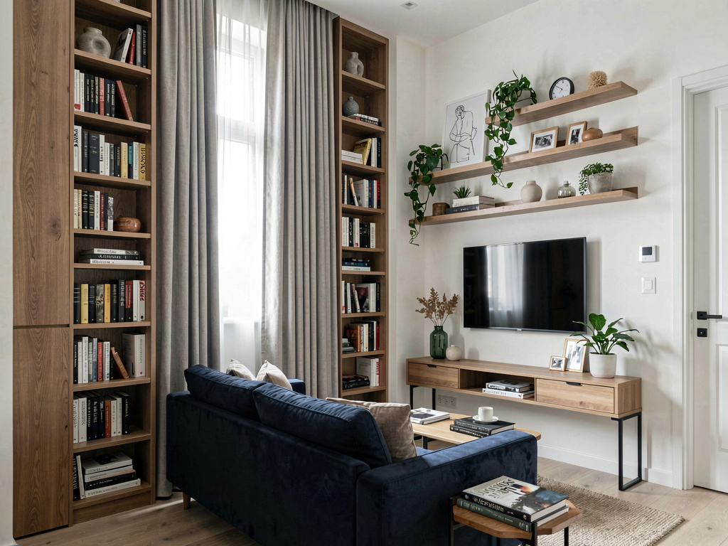 Small living room with floor-to-ceiling bookshelves and low-profile navy sofa