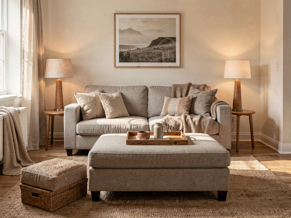 Small living room layout without a coffee table, using C-tables and an ottoman instead