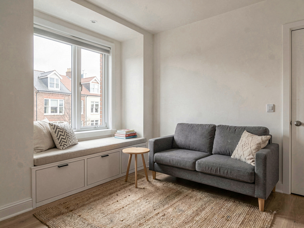 Small living room layout with built-in window seat creating L-shaped seating