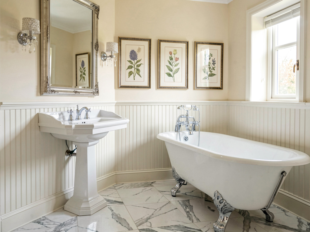Traditional interior design bathroom with marble floors pedestal sink and clawfoot tub